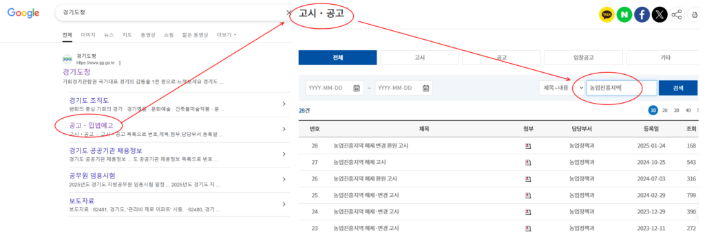경기도 농업진흥지역 해제 고시문 찾기